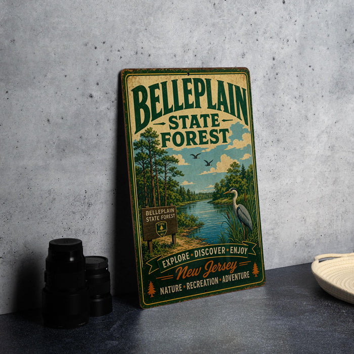 A vintage-style metal sign for Bellpleplain State Forest, featuring a scenic illustration of a river, trees, and a bird, is displayed on a gray concrete surface.
