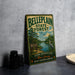 A vintage-style metal sign for Bellpleplain State Forest, featuring a scenic illustration of a river, trees, and a bird, is displayed on a gray concrete surface.