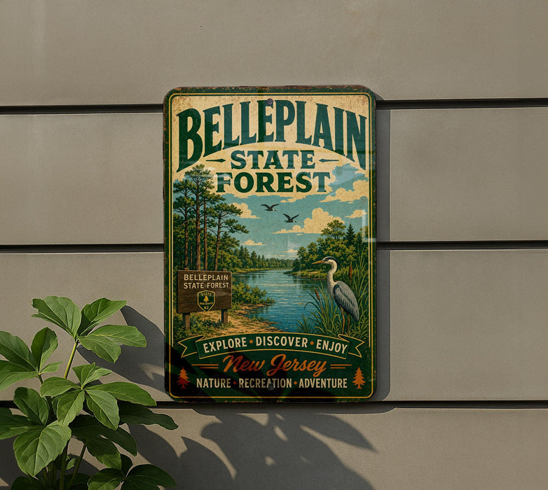 A vintage-style metal sign for Bellplein State Forest, featuring a scenic illustration of a forest, a river, and a bird.