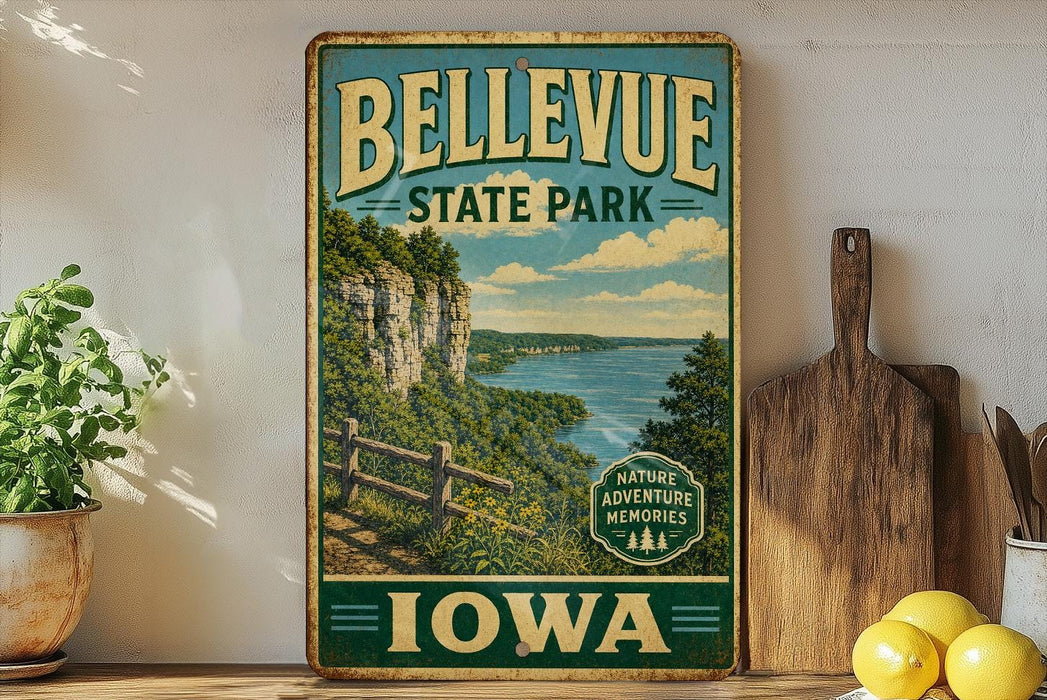 A vintage-style metal sign for Bellevue State Park in Iowa, featuring a scenic landscape with a river, cliffs, and a wooden fence.
