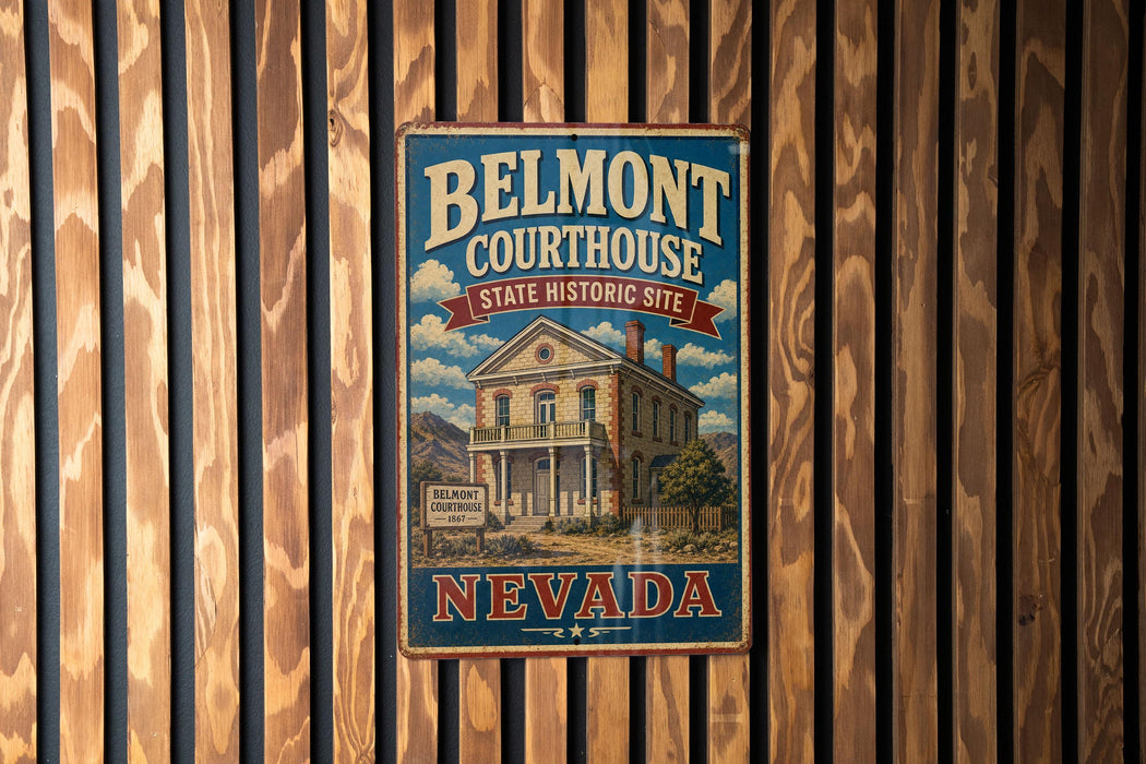 A vintage metal sign for Belmont Courthouse, a historic site in Nevada, is displayed on a wooden wall.