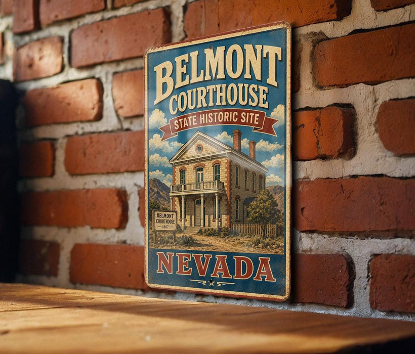 A vintage-style metal sign for Belmont Courthouse, a historic site in Nevada, is displayed on a brick wall.