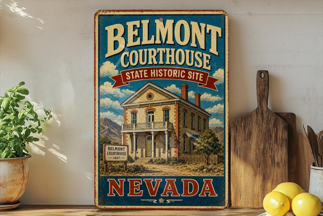 A vintage-style sign for Belmont Courthouse, a historic site in Nevada, featuring an illustration of a building with a porch and a sign that reads "Belmont Courthouse".