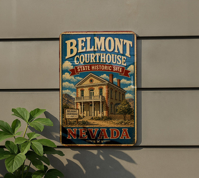 A vintage-style metal sign for Belmont Courthouse, a historic site in Nevada, featuring an illustration of a building and a sign that reads "Belmont Courthouse State Historic Site".