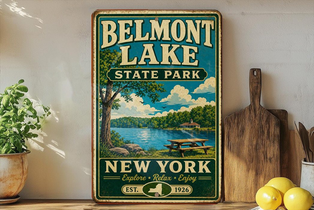 A vintage-style sign for Belmont Lake State Park in New York, featuring a scenic illustration of the lake and surrounding landscape.