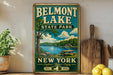 A vintage-style sign for Belmont Lake State Park in New York, featuring a scenic illustration of the lake and surrounding landscape.