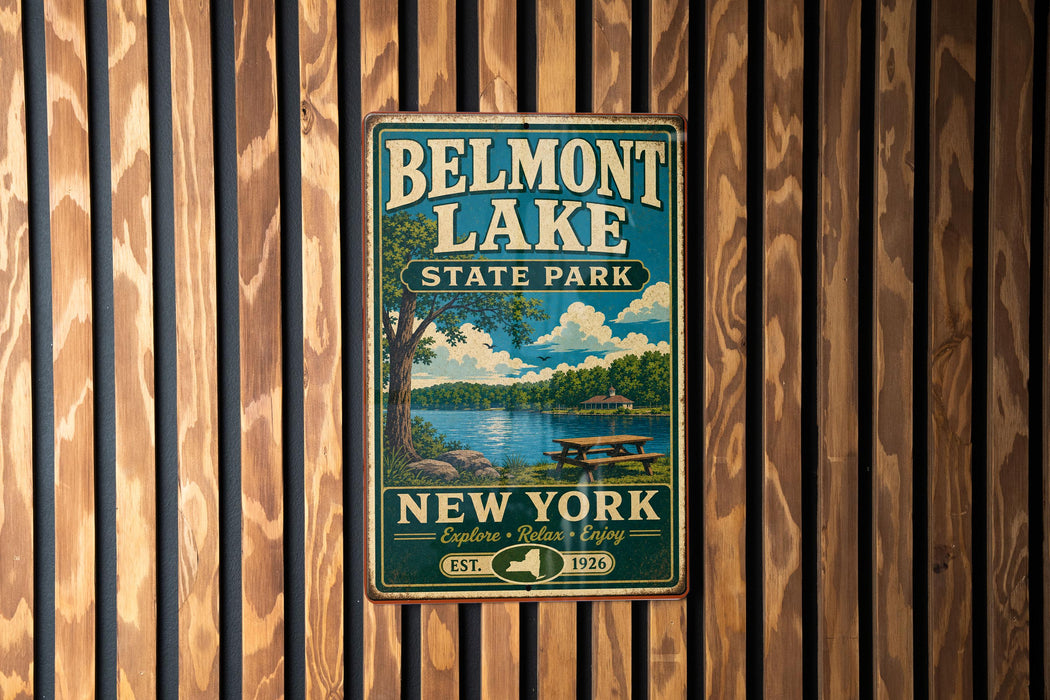A vintage metal sign for Belmont Lake State Park in New York, featuring a scenic illustration of the lake and surrounding landscape.