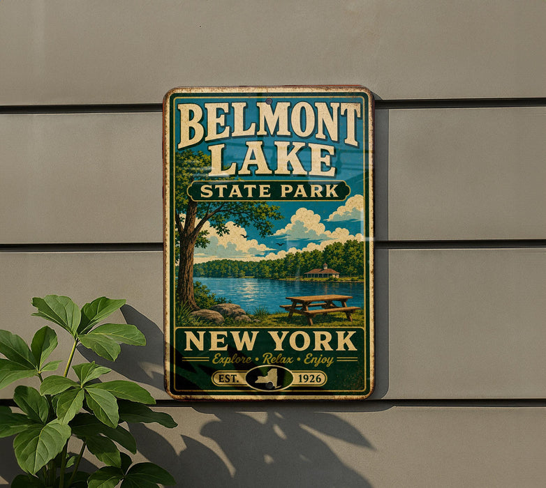 A vintage-style metal sign for Belmont Lake State Park, featuring a scenic image of the lake and surrounding landscape, with the text "Belmont Lake State Park" and "New York" prominently displayed.
