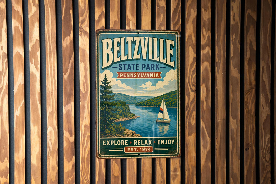 A vintage-style metal sign for Beltzville State Park in Pennsylvania, featuring a scenic image of a sailboat on a lake surrounded by mountains.