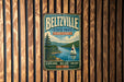 A vintage-style metal sign for Beltzville State Park in Pennsylvania, featuring a scenic image of a sailboat on a lake surrounded by mountains.