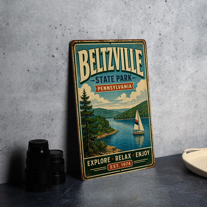 A vintage-style metal sign for Beltzville State Park in Pennsylvania, featuring a scenic illustration of a lake with a sailboat, surrounded by mountains and trees.
