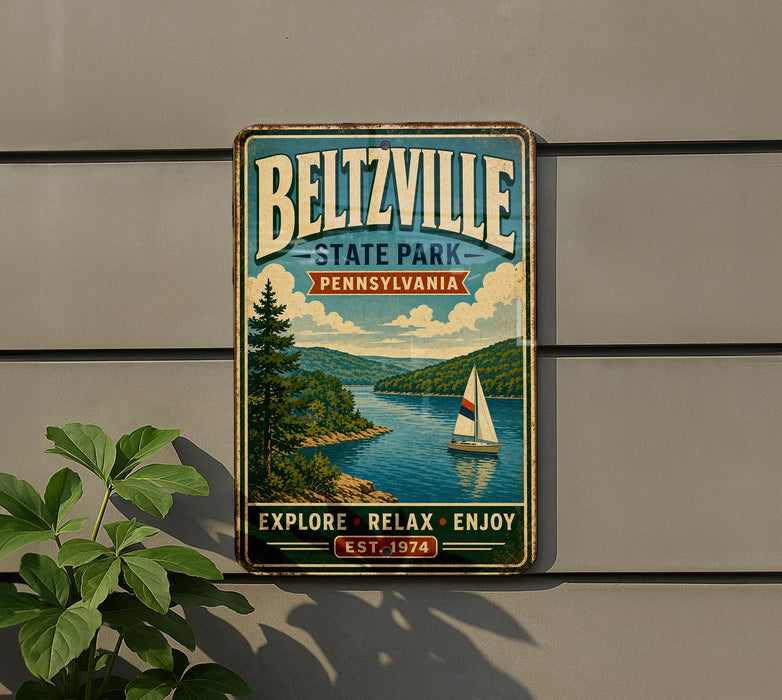 A vintage-style metal sign for Beltzville State Park in Pennsylvania, featuring a sailboat on a lake and a scenic landscape.