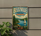 A vintage-style metal sign for Beltzville State Park in Pennsylvania, featuring a sailboat on a lake and a scenic landscape.