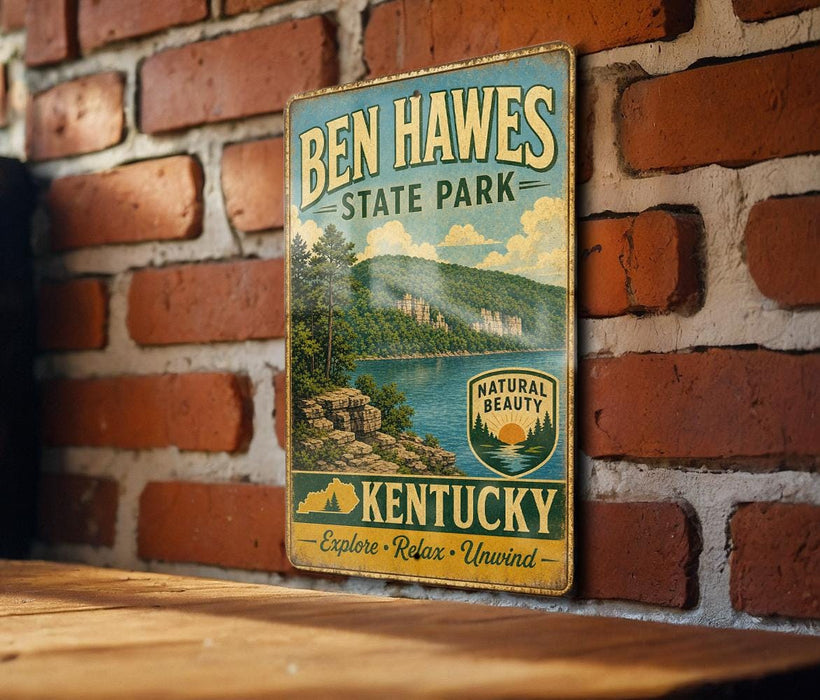A vintage-style metal sign for Ben Hawes State Park in Kentucky, featuring a scenic landscape with a lake and mountains.