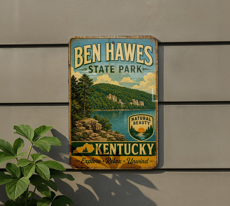 A vintage-style sign for Ben Hawes State Park in Kentucky, featuring a scenic landscape with mountains, trees, and a lake.