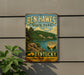 A vintage-style sign for Ben Hawes State Park in Kentucky, featuring a scenic landscape with mountains, trees, and a lake.