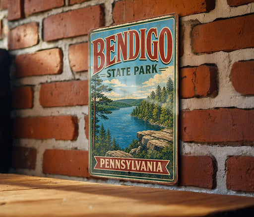 A vintage metal sign for Bendigo State Park in Pennsylvania, featuring a scenic landscape with a lake and mountains.