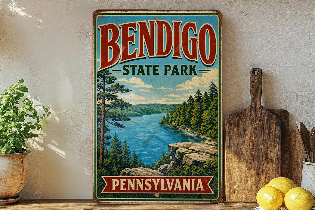 A vintage-style metal sign for Bendigo State Park in Pennsylvania, featuring a scenic landscape with a river, pine trees, and a rocky cliff.