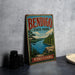 A vintage metal sign for Bendigo State Park in Pennsylvania, featuring a scenic landscape with a river, mountains, and pine trees.