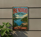 A vintage metal sign for Bendigo State Park in Pennsylvania, featuring a scenic landscape with a lake, mountains, and pine trees.