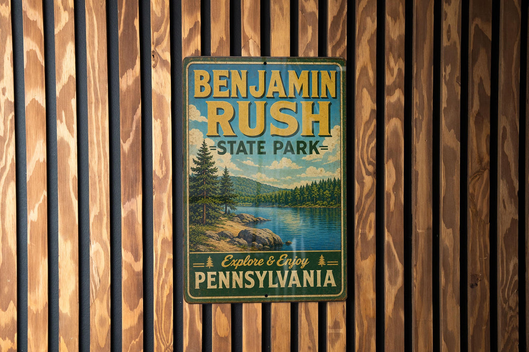 A vintage-style metal sign for Benjamin Rush State Park in Pennsylvania, featuring a scenic landscape with a lake and mountains.