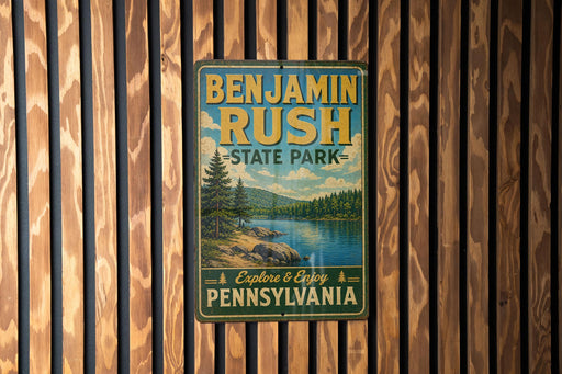 A vintage-style metal sign for Benjamin Rush State Park in Pennsylvania, featuring a scenic landscape with a lake and mountains.