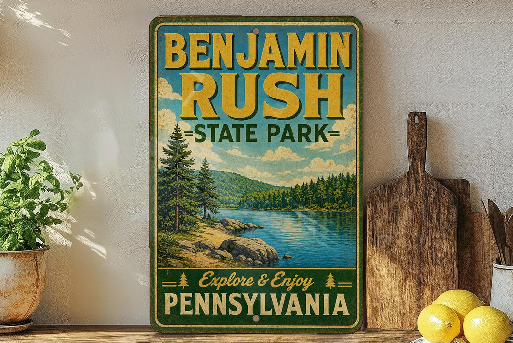 A vintage-style sign for Benjamin Rush State Park in Pennsylvania, featuring a scenic landscape with pine trees, a lake, and mountains.