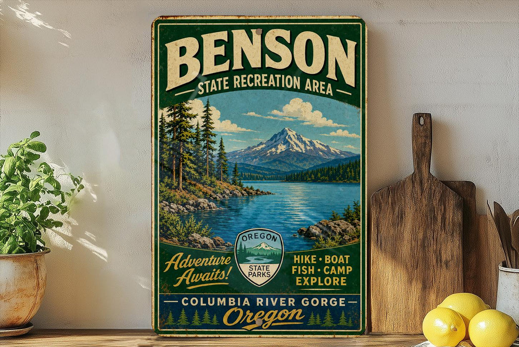 A vintage-style sign for Benson State Recreation Area, featuring a scenic mountain landscape with a lake and pine trees.