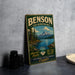 A vintage metal sign for Benson State Recreation Area, featuring a scenic mountain landscape with a lake and forest.