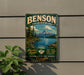 A vintage metal sign for the Oregon State Recreation Area, featuring a scenic mountain landscape with a river and pine trees.