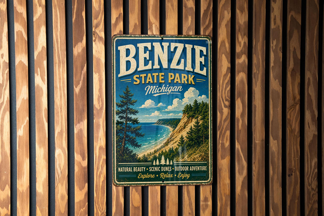 A vintage metal sign for Benzie State Park in Michigan, featuring a scenic landscape with a beach, mountains, and pine trees.