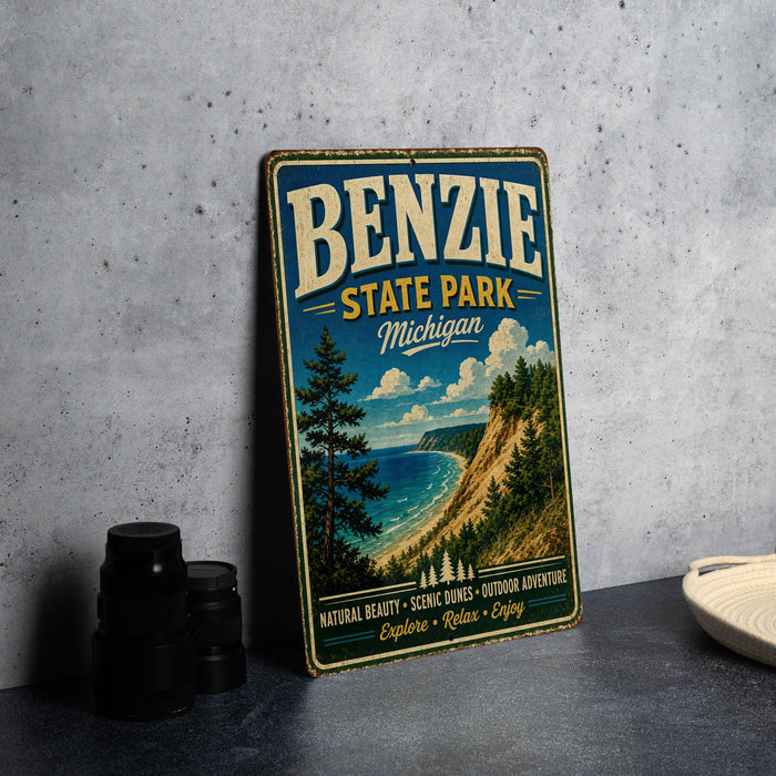 A vintage-style metal sign for Benzie State Park in Michigan, featuring a scenic landscape with a beach, mountains, and pine trees.