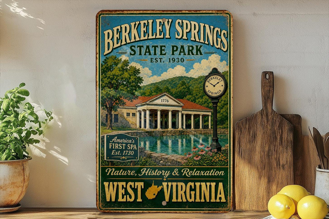 A vintage-style metal sign for Berkeley Springs State Park, featuring an illustration of the park's buildings and a clock, with a scenic view of the park and a lake.