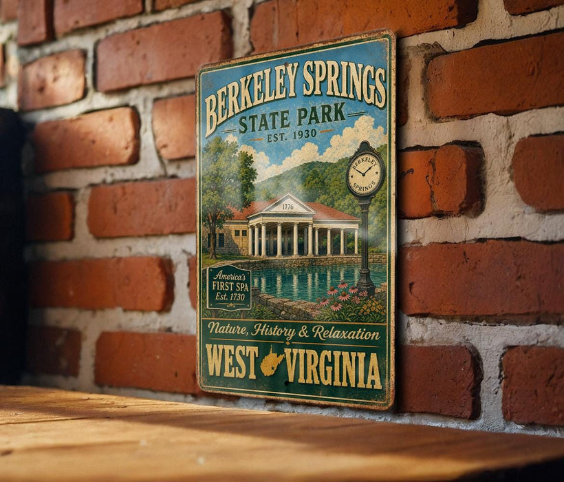 A vintage-style metal sign for Berkeley Springs State Park in West Virginia, featuring an illustration of the park's historic building and a clock.