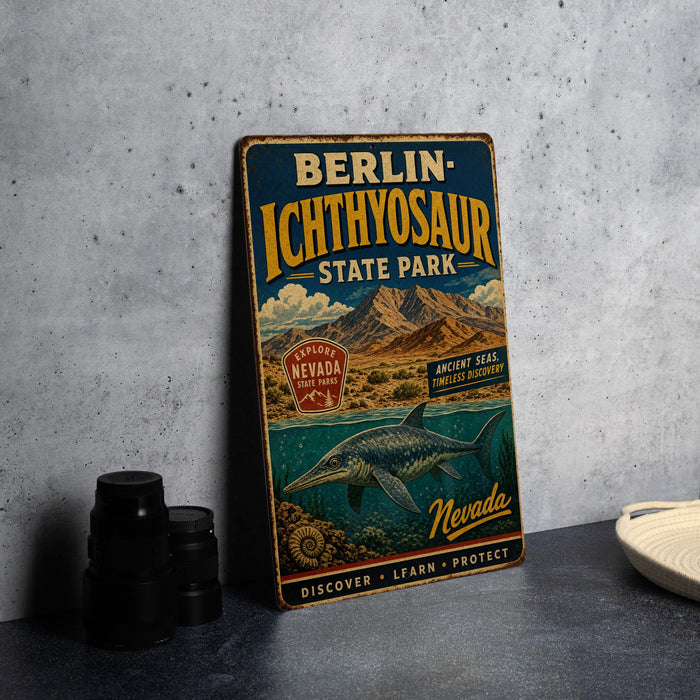 A vintage-style metal sign for Berlin-Ichthyosaur State Park, featuring an illustration of a dinosaur and a seascape.