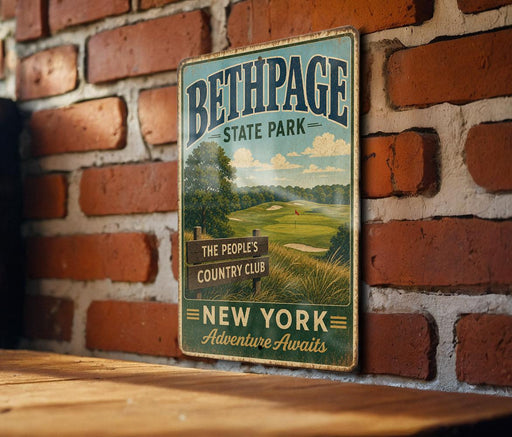 A vintage metal sign for Bethpage State Park, featuring a scenic landscape with a golf course and a sign indicating it is the "People's Country Club".
