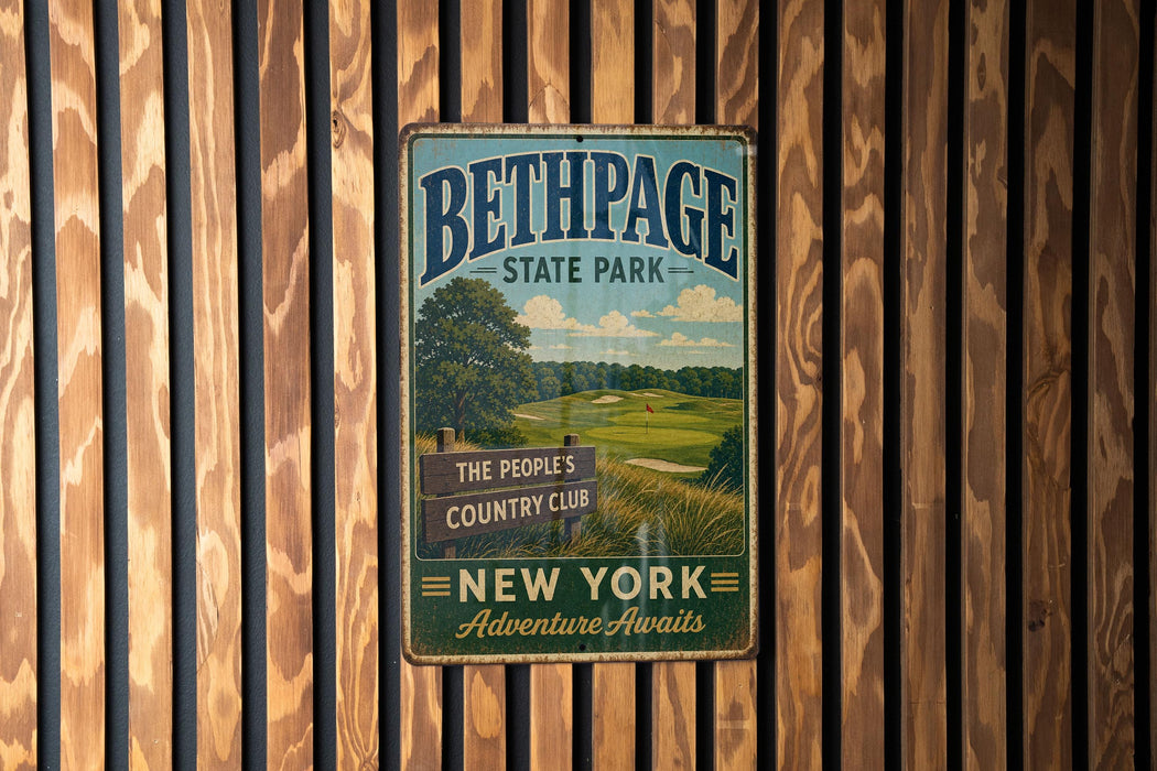 A vintage metal sign for Bethpage State Park, featuring a scenic landscape with a golf course and trees, mounted on a wooden wall.