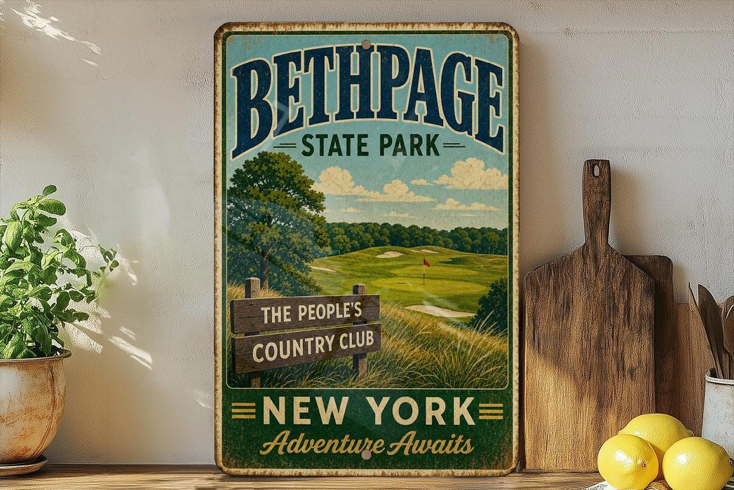 A vintage-style metal sign for Bethpage State Park, featuring a scenic landscape with a golf course and trees, along with the text "The People's Country Club" and "New York Adventure Awaits".