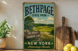 A vintage-style metal sign for Bethpage State Park, featuring a scenic landscape with a golf course and trees, along with the text "The People's Country Club" and "New York Adventure Awaits".