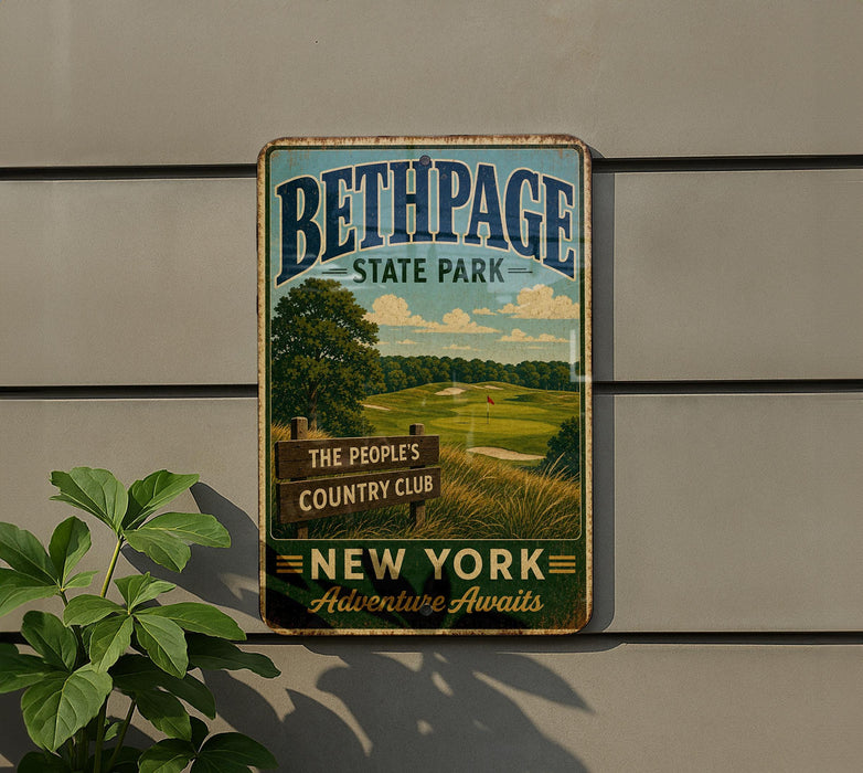 A vintage metal sign for Bethpage State Park, featuring a scenic landscape with a golf course and trees, mounted on a wall.