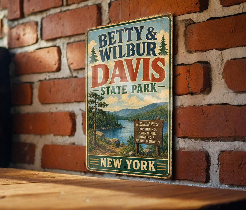 A vintage-style metal sign for Betty & Wilbur Davis State Park in New York, featuring a scenic landscape with a lake and mountains.