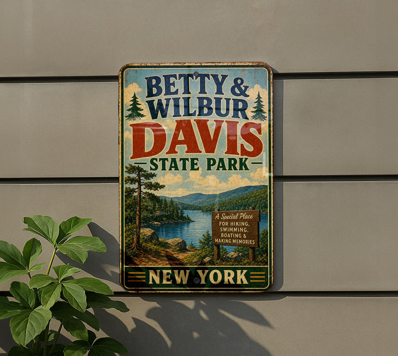 A vintage metal sign for Betty & Wilbur Davis State Park in New York, featuring a scenic landscape with a lake and mountains.