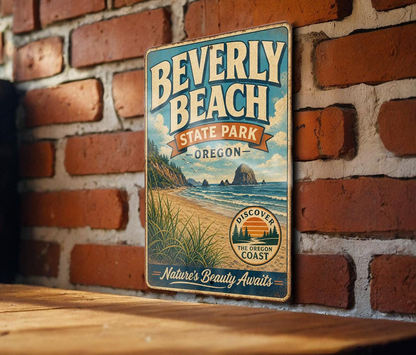 A vintage-style metal sign for Beverly Beach State Park in Oregon, featuring a beach scene and the text "Discover the Oregon Coast".