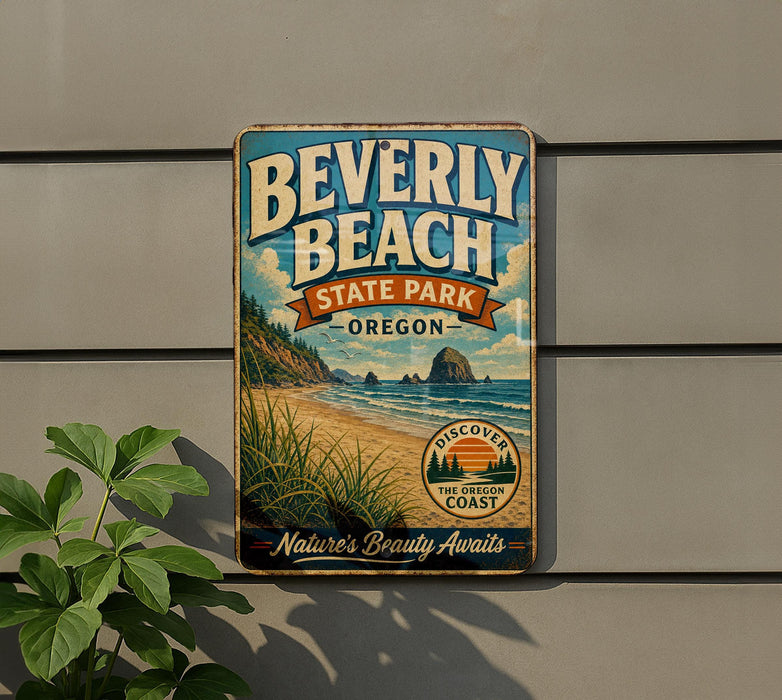 A vintage-style metal sign for Beverly Beach State Park in Oregon, featuring a beach scene with a mountain in the background.