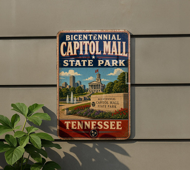 A vintage-style metal sign for the historic Capitol Mall State Park in Tennessee, featuring a cityscape and the text "Bicentennial Capitol Mall State Park" in a patriotic design.