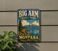 A vintage-style sign for Big Arm State Park in Montana, featuring a scenic landscape with mountains, a lake, and a sailboat.