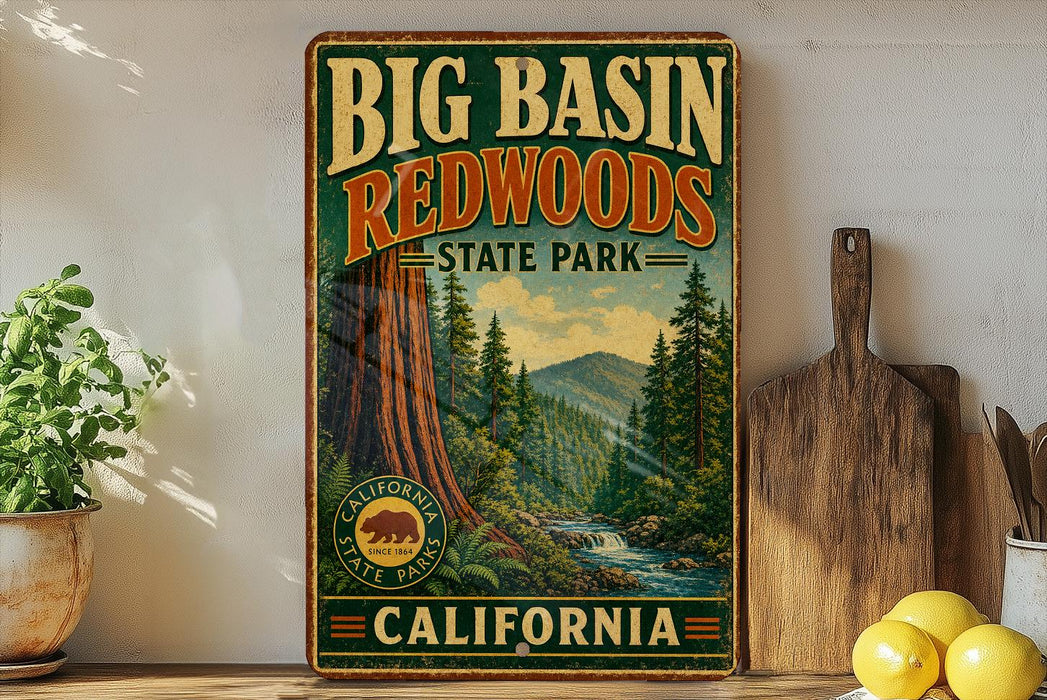 A vintage-style sign for Big Basin Redwoods State Park in California, featuring a scenic image of the park's landscape.