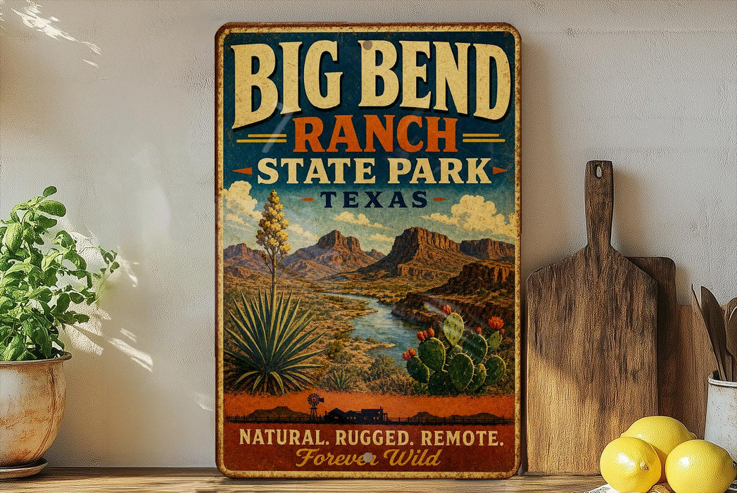 A vintage-style sign for Big Bend Ranch State Park in Texas, featuring a desert landscape with mountains, cacti, and a river.