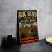 A vintage-style metal sign for Big Bend Ranch State Park in Texas, featuring a desert landscape with mountains, cacti, and a river.