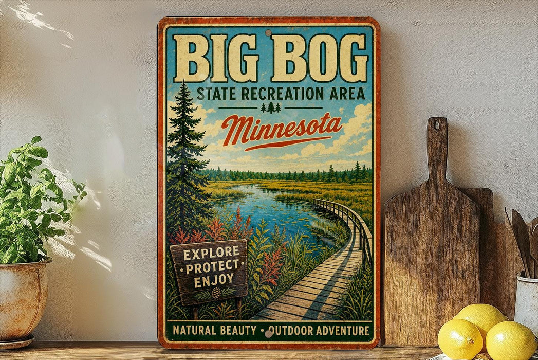 A vintage-style sign for the Big Bog State Recreation Area in Minnesota, featuring a scenic image of a wooden boardwalk leading to a lake surrounded by pine trees.